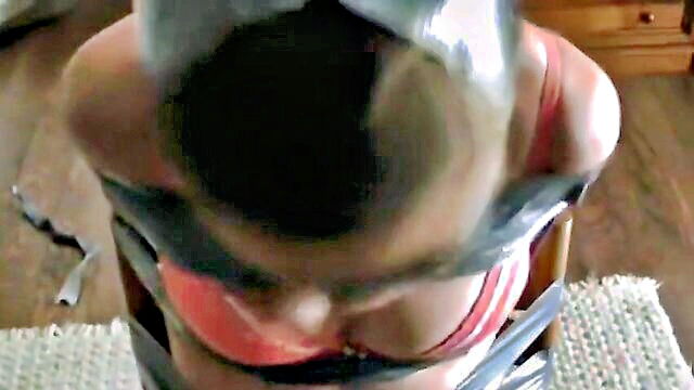 big tits, amateur, brunette - sensual restraints and muffled moans a bound and gagged chair scene