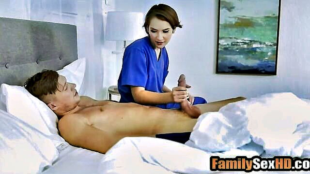 injured step brother receives a deep blowjob from step sister while being watched by their step mom : Family Strokes