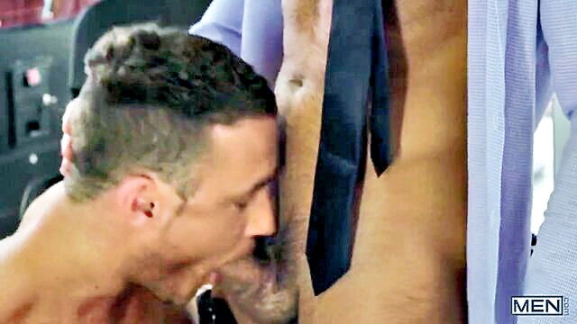 deep throat, office, muscular - two office co workers take a break and engage in steamy oral sex with each other for relaxation during a tough workday