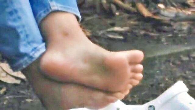 asian, amateur, brunette - new asian college girl in heels rubs soles in teaser bdsm video