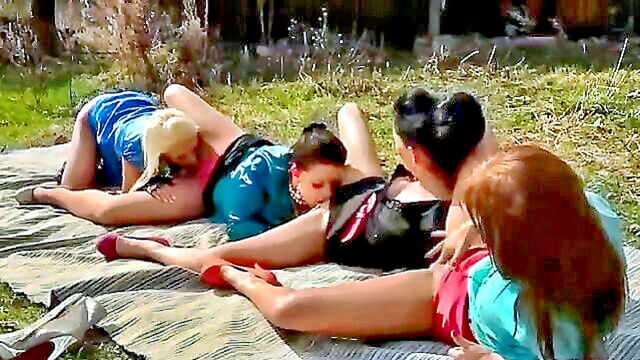 lesbian babes indulge in water play and intimate encounters outdoors in fetish group : Babes