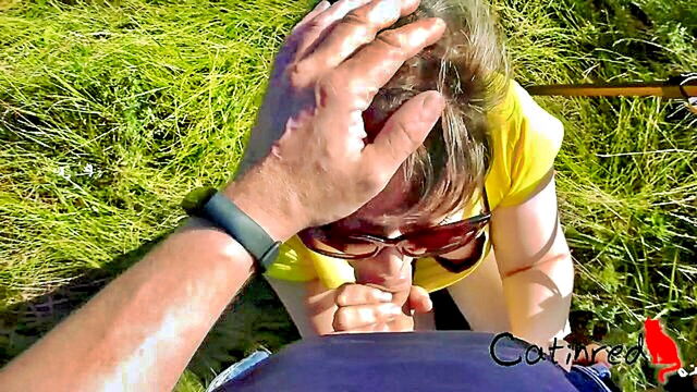 blowjob, big dick, blonde - a pov video of a busty amateur milfs outdoor handjob and ass licking with real amateur amateurs