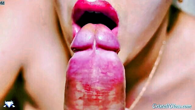 blowjob, swallow, closeup - cristall gloss performs a wet and wild oral sex act on camera