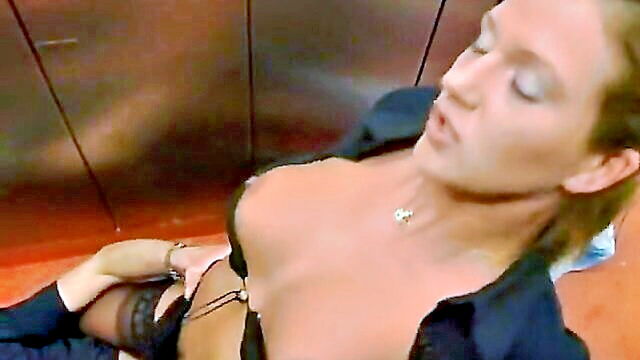 anal, blonde, blowjob - german couples steamy elevator fantasy with shaved and blonde babe