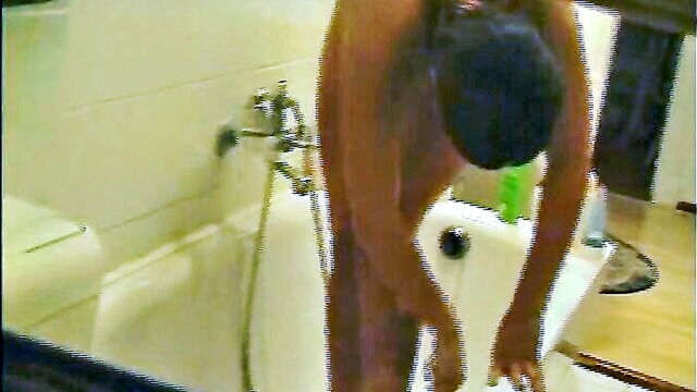 brunette, amateur, solo girl - teen girl peeks through the bathroom window after shower video features pissing and solo play
