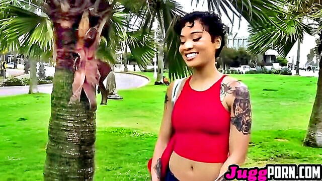 outdoor, interracial, blowjob - gold tinted hottie twerks on the street in interracial encounter