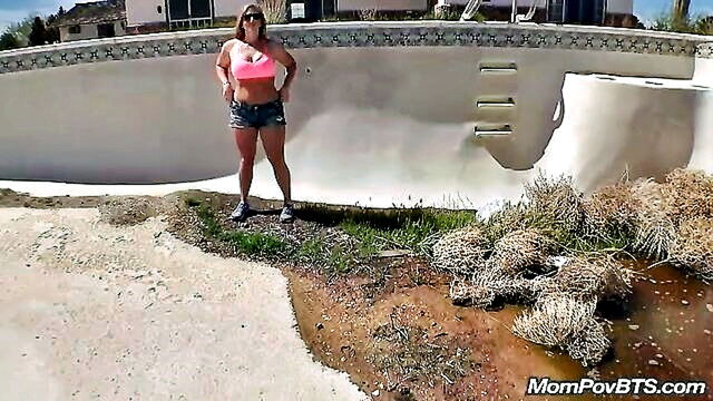 hairy red milf gets anal and swallows cum in pool : Mom Pov
