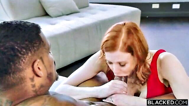 Maitland Ward - milf with red hair gives a deepthroat blowjob and gets rimmed by ebony