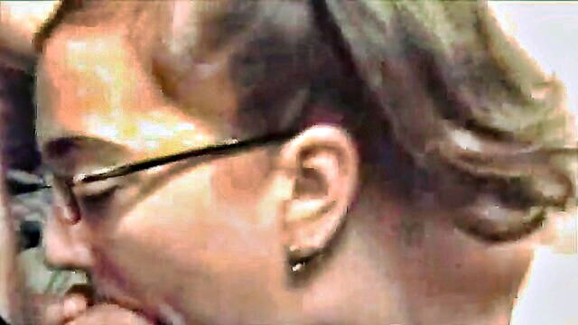 blowjob, facial, party - brunette slut in glasses goes wild at party with multiple cocks