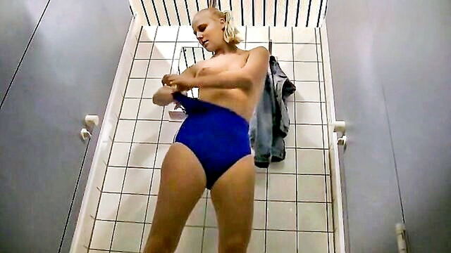 pool, blonde, changing room - sensual encounter in changing room blonde gives blowjob and rides