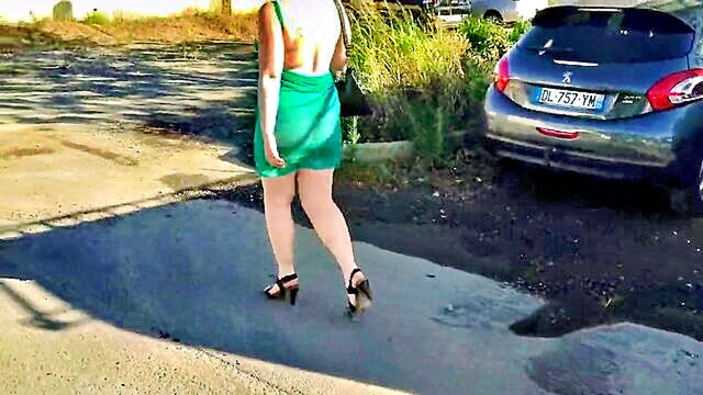 public nudity, milf, redhead - sexy redhead in transparent dress exposes herself in public
