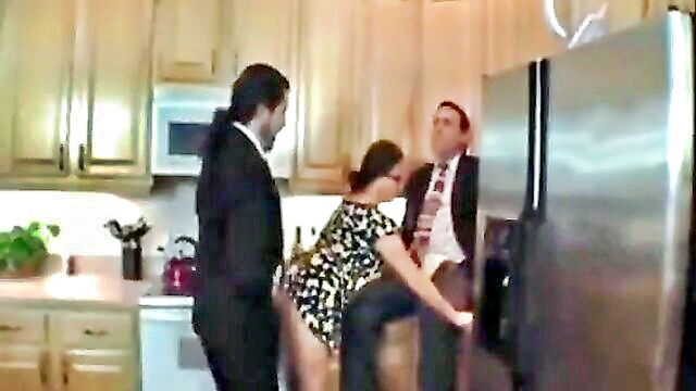 Stacie Starr - milf with large breasts gets a sloppy blowjob from two men
