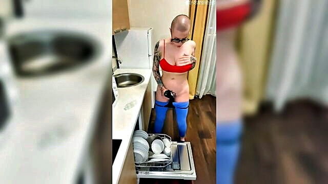 orgasm, masturbation, squirting - watch a bald lady squirt in the kitchen while using a dildo for masturbation