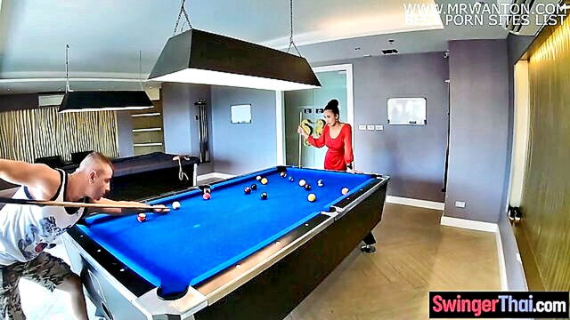 couple, doggystyle, asian - a thai couple enjoys pool play before intensive passion and oral pleasure session