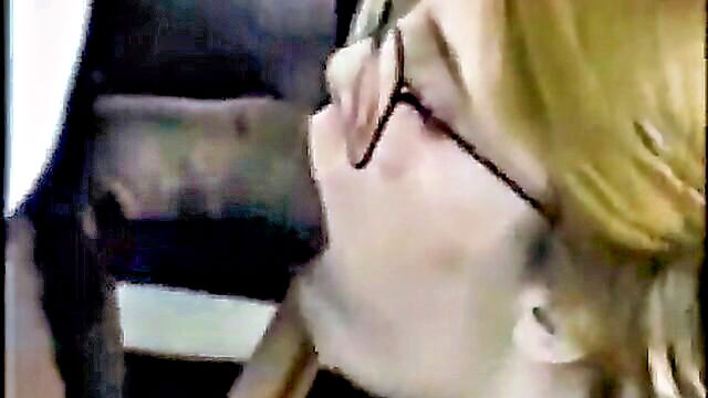 milf, interracial, blonde - blonde milf with glasses gives a deepthroat blowjob to a huge cock