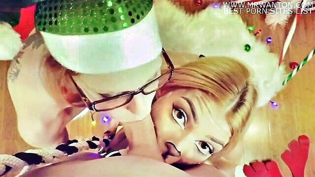 blonde babe and elf engage in threesome with reindeer featuring pov blowjob cum swapping : Its POV