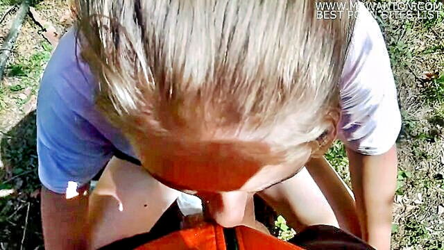 blowjob, blonde, teen (18+) - pov view of young blonde giving blowjob in the forest
