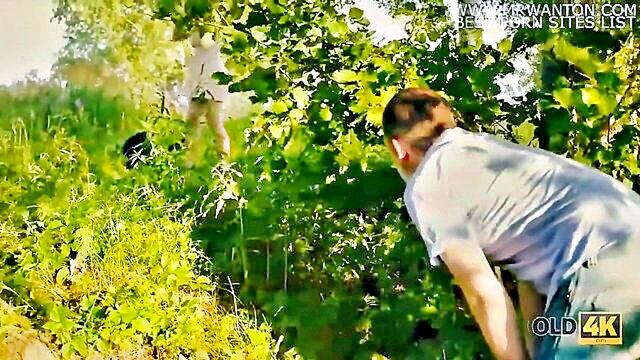 european teen with natural boobs gets drilled in the park by older man : Old4K