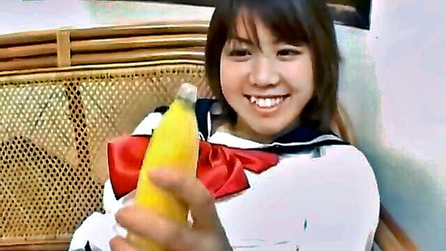 Kazumi - japanese amateur teen gives a school uniform blowjob and plays with a banana toy All Japanese Pass