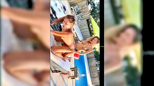 public, bdsm, strapon - three women indulge in lesbian strapon fun around the pool