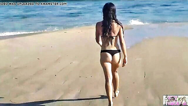 amateur, beach, bikini - voluptuous brunette stunner in a beach themed bikini teasing and seducing