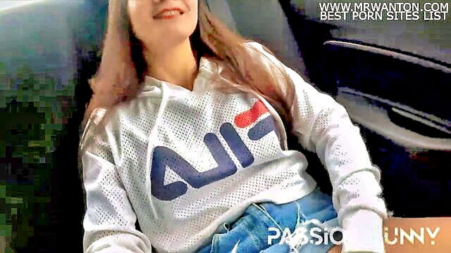 tits, teen, pussy - seductive teen indulges in fingering and squirt for solo pleasure in uber taxi