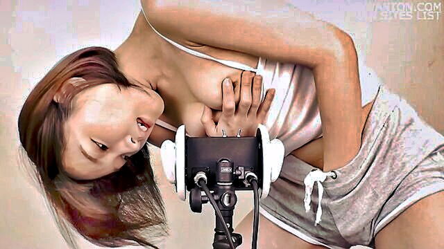 brunette, amateur, asian - amateur asian babe with small tits whispers asmr while masturbating