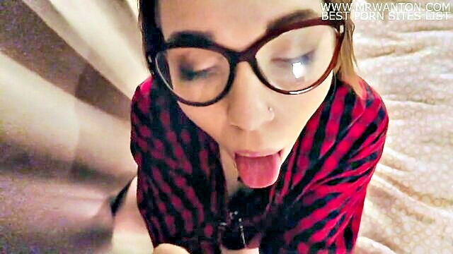 cumshot, amateur, blowjob - amateur teen with glasses gives sloppy blowjob and gets covered in cum