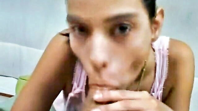 blowjob, cumshot, teen - brunette teen gives a wild blowjob to a stud