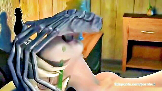 cartoon, anime, big tits - deepthroat lover 3d anime babe gets cum inside from alien spider in hentai video