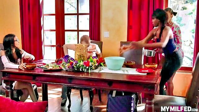hardcore, interracial, cumshot - ebony mystiques erotic encounter around a round table