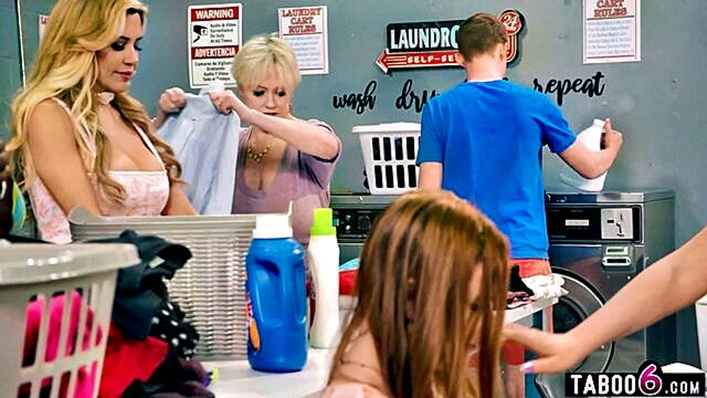 Dee Williams, Lolly Dames, Caitlin Bell - a young man is gangbanged by experienced milfs in a group sex session
