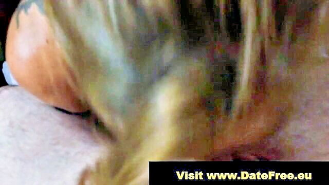amateur, cumshot, blowjob - blonde amateur granny goes down on dudes cock in homemade video