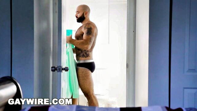 daddy, step son, gay bear - daddy hunts down his young buck in the locker room and vigorously takes him anally without a condom