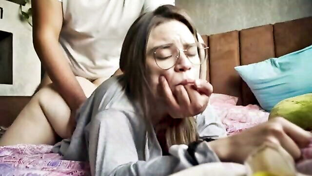 prone bone, prone bon, nerdy girl - a playful russian girl receives intense penetration while lying on her back