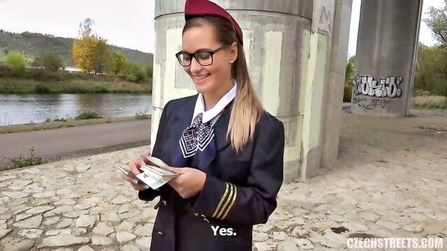 andrea, brunette, blowjob - andrea a stewardess with glasses gets her fix of rough sex from the driver on the job