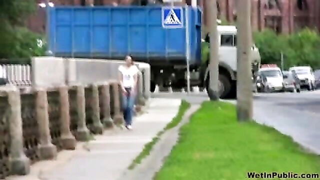 young brunette gets into some risqué trouble in public   mylustcom video : Wet In Public