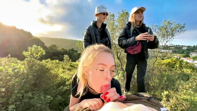 nerdy, blonde teen, blonde - a nerdy guy satisfies his young blonde girlfriend with a blow job during a nature hike