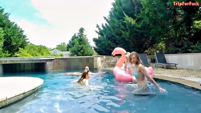 pale, amwf, teen - an asian man makes love to four blonde caucasian girls in the swimming pool