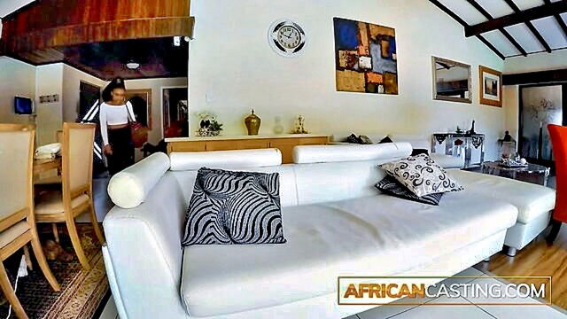 sexy black model with irresistible booty gets offered a part in erotic shoot where she pleasures a white cock with her tongue and vagina : African Casting