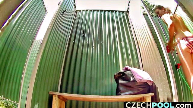 a naughty blonde czech girl is shown bathing in a public shower and then she swims naked in a public pool : Czech AV