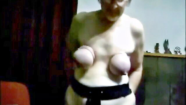 shows off, granny tits, grey hair - ugly granny tits