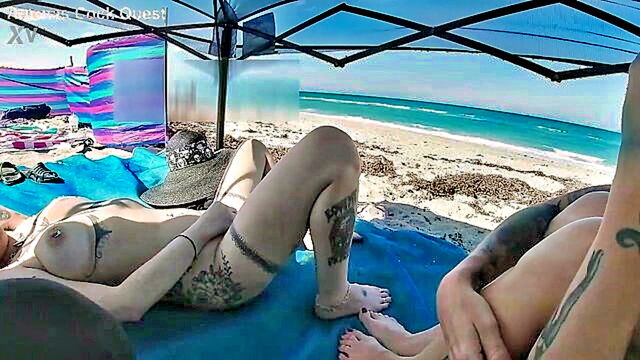 Ginary - exhibitionist wives mrs gainer and mrs morgana tease and seduce a tattooed man on a nude beach leading to a public display of pleasure and ejaculation