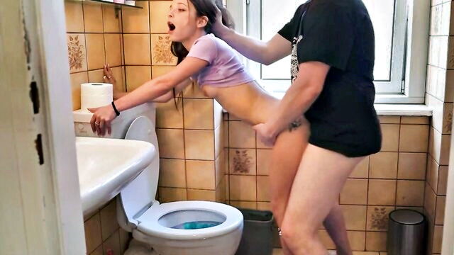 cumshot, tiny tits, blowjobs - petite brunette gets fucked hard