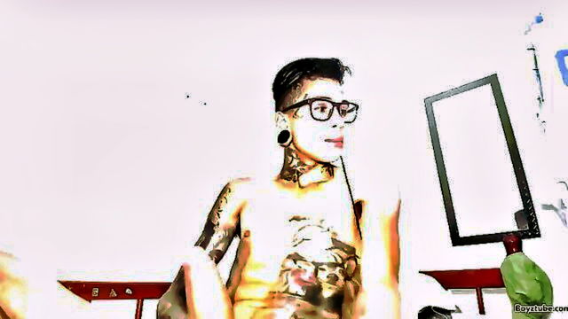 solo, glasses, tattoo - big cock masturbation