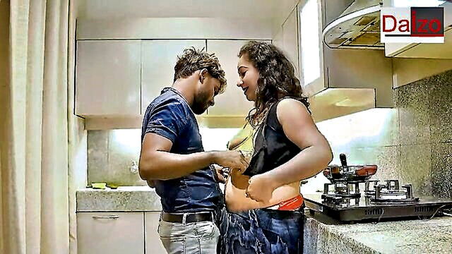 stepson pleasures his stepmom in the kitchen with a big dick blowjob and body licking : Her big ass