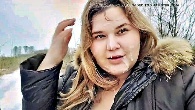 a busty beauty gets a facial cumshot and becomes aroused engaging in a car oral sex session amidst a snowy field : FapHouse
