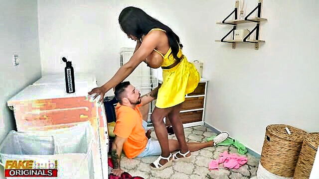 Angelo Godshack - black ebony lady with largest boobs gets her panties sniffed and fucked by her housemate in a fakes hub video Fake Hub