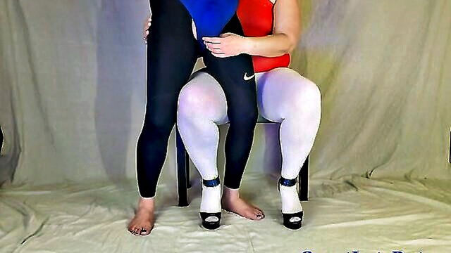 chubby wife in white pantyhose massages hubbys bulge while wearing black leggings and one piece swimsuit : GreatLateDate