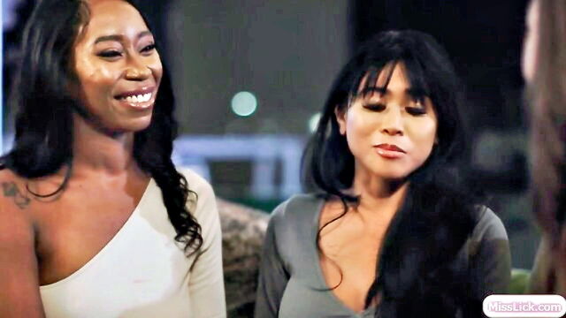 lesbian, interracial, threesome - threesome with asian and ebony